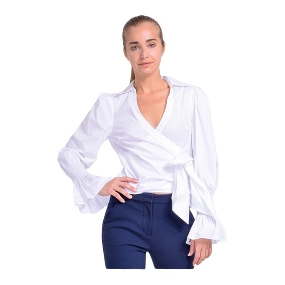NEW Cinq a Sept White Blouse Alessandra Long Sleeve Wrap Tie Smocked Cuffs XS - Picture 1 of 10